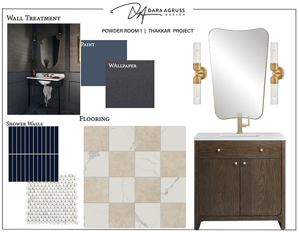 Mood board for a powder room design featuring dark paint, textured wallpaper, navy shower tiles, white hexagon tiles, marble flooring, wood vanity, mirror, and brass light fixtures.